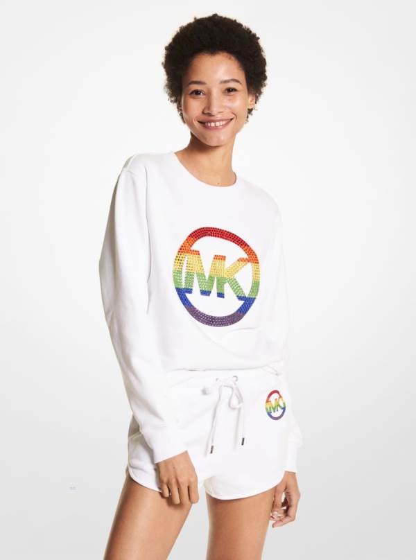 Damske Mikiny Michael Kors PRIDE Embellished Organic Cotton Terry Biele - Oblecenie Michael Kors Outlet | OSDRH-8394